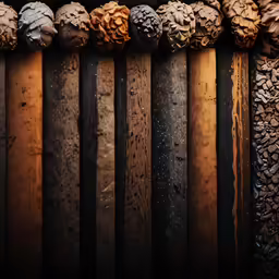 a row of old wood objects sitting next to each other