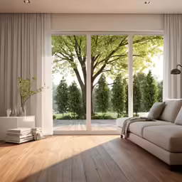 the light is shining in an empty living room