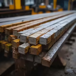 several rectangular metal beams with yellow labels