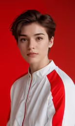 a young girl with a red and white jacket and long sleeves