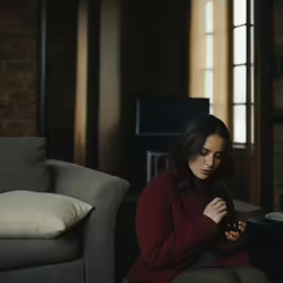 a woman in a red sweater sits on a gray couch