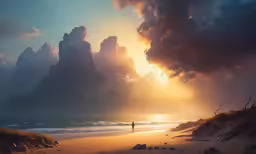 two people stand on a beach as the sun sets