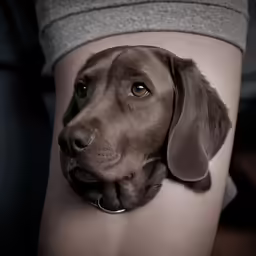 the dog is close to the belly of a lady