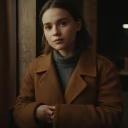 a girl wearing a coat in a dark room