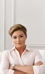 a woman with a white shirt is leaning on a couch