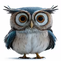 an owl is standing with a big brown eye