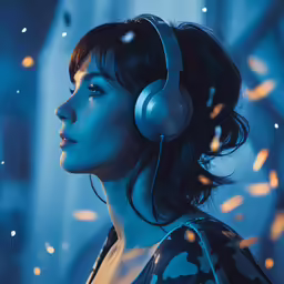 a woman in headphones looks at fireworks