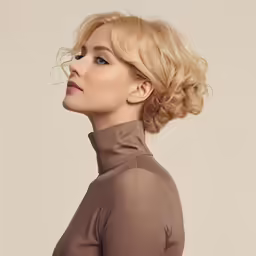 a woman with blond hair and brown jacket