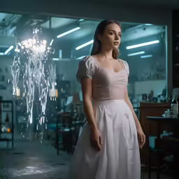 woman in white dress standing with fireworks hanging from ceiling