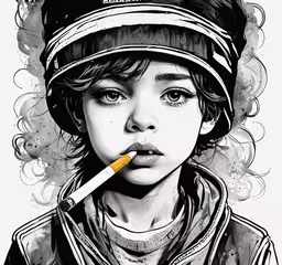 a boy in winter clothes with his cigarette in his mouth,an illustrated boy in hat smoking a cigarette