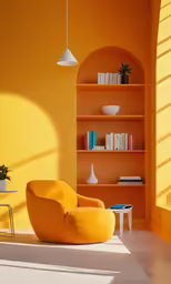 yellow chairs and a bookshelf in an orange walled room