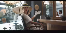 the woman is wearing a hat and dress while sitting at a desk