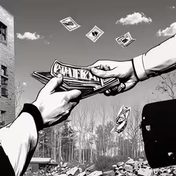 a graphic image of a hand grabbing out a bag of something,a hand reaching into another person