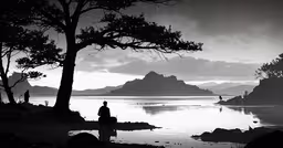 a person sitting under some trees looking out to sea,the man is sitting at the shore watching the sunset