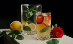 two drinks are sitting on a table with a rose