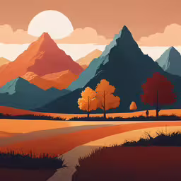 an image of a landscape with mountains in the distance,a painting of a mountain range surrounded by hills