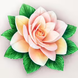 a paper flower is shown with some green leaves