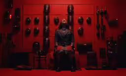 a woman sitting on a chair in front of a red wall