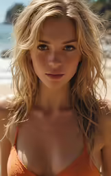 a beautiful young blonde woman standing on a beach