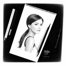 a photo of a woman is shown in the picture next to a ballpoint pen