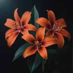 three orange flowers in a vase on a dark background