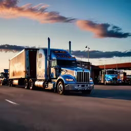 truck and trailer drive by an outdoor market,a semi truck moving along the highway in front of a gas station