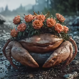 a frog with many flowers growing out of its eyes