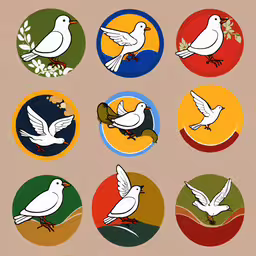 several circle images with a bird on each one,six different birds in a circle surrounded by leaves