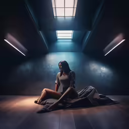 a young woman sitting on the floor in a dark room