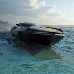 a car in the water going sideways with waves