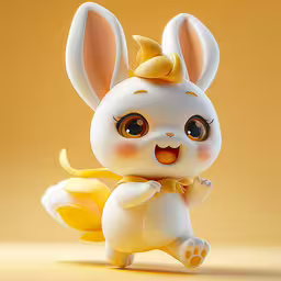 an animation bunny figure is posed on a yellow background,an animal figure is on a yellow background