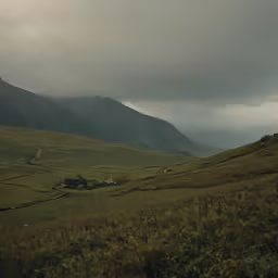 a lush green field in the middle of a mountain range