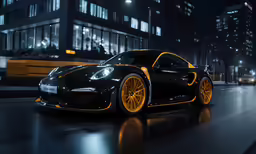 a black and yellow sports car on a city street