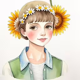 the painting depicts a woman in a sunflower crown,girl with sunflower in headband painting on paper