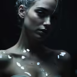 a model with bright, white paint on her body and neck
