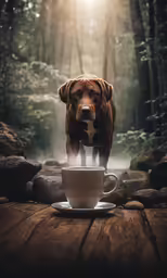 a dog stands on a wooden table and looks down at the camera while holding onto a cup of coffee