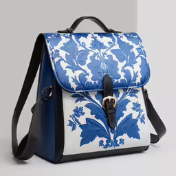 a blue and white bag that is on display