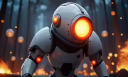 a robot with red lights in the background