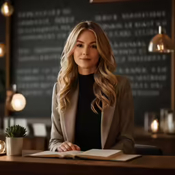 an attractive woman sitting in front of a book