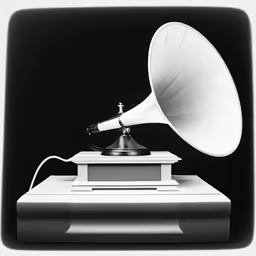 an old radio horn on top of a white pedestal