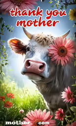 a cow in front of pink flowers with a thank card in the middle