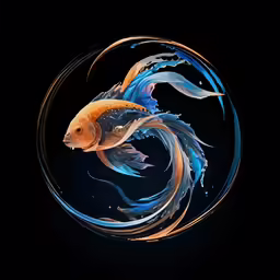 a gold fish with blue, orange, and brown colors swimming in a circular frame