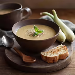 bowl of soup with bread, and onion beside
