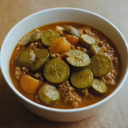 a bowl full of vegetable soup with peanut toppings