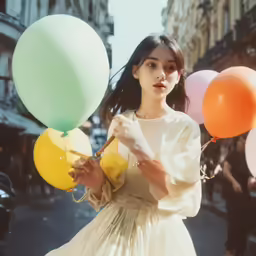 a woman is holding balloons while standing in a city