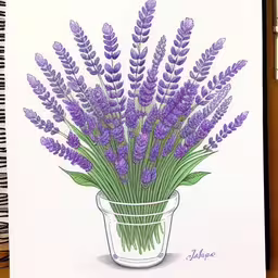 a drawing of a vase with lavenders,a spiral notebook with a drawing of lavender,a drawing of some flowers in a vase,a drawing of lavender flowers in a pot,a drawing of lavenders is displayed on the table