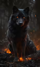 a wolf sitting on a pile of wood in front of a fire