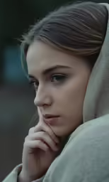 a young woman covered in a sheet sits alone