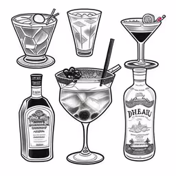 a group of glasses that are filled with drinks,a black and white drawing of liquor glasses with drinks