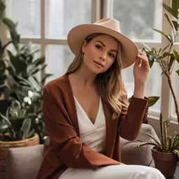 a woman sitting on a couch wearing a hat